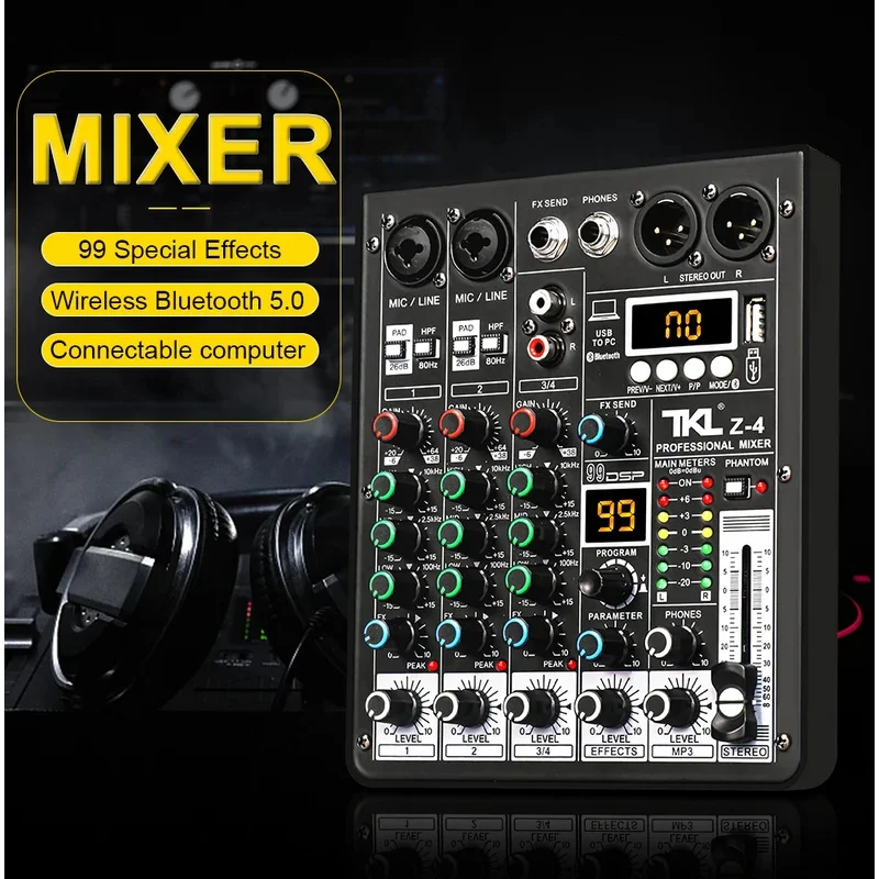 For TKL 4 channel 99 DSP audio mixer 48V Phantom Power USB studio sound mixers Bluetooth DJ console mixing for karaok