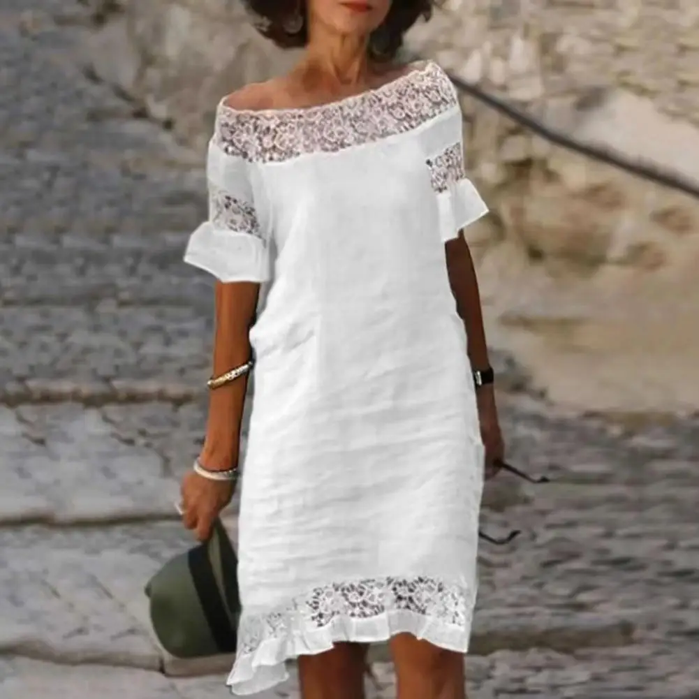 

Elegant Women Off Shoulder Strapless Short Sleeve Ruffle Trim Summer Dress Crochet Lace Stitching Holiday Mini Dress Streetwear