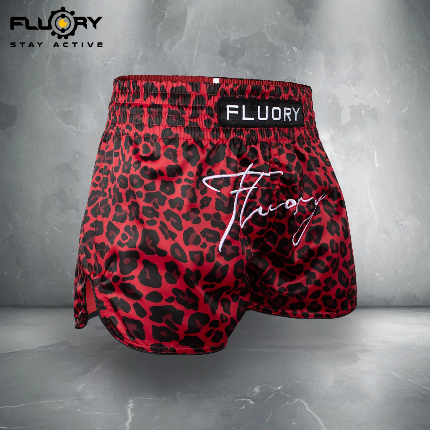 FLUORY Muay Thai Shorts, rote Leopardenmuster-Stickerei, bequemes Boxtraining, lässige Sporthosen und Boxshorts – Detail 2