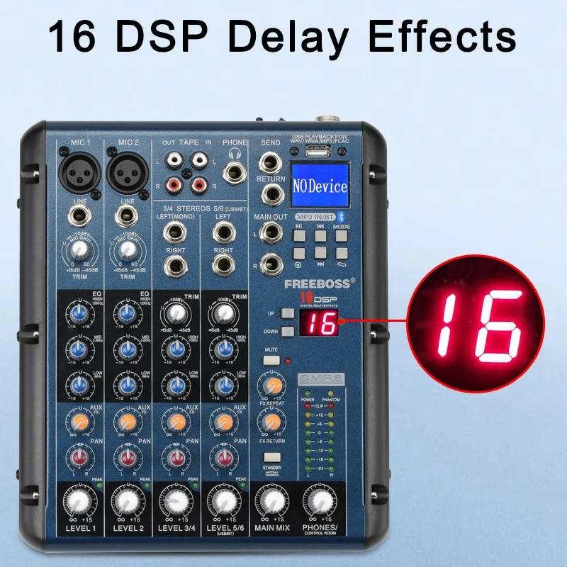 Audio Mixer Freeboss 8 Channel Sound Mixing Console Bluetooth USB Record 16 DSP Delay Effect Church School Karaoke Party DJ Audio Mixer SMR8