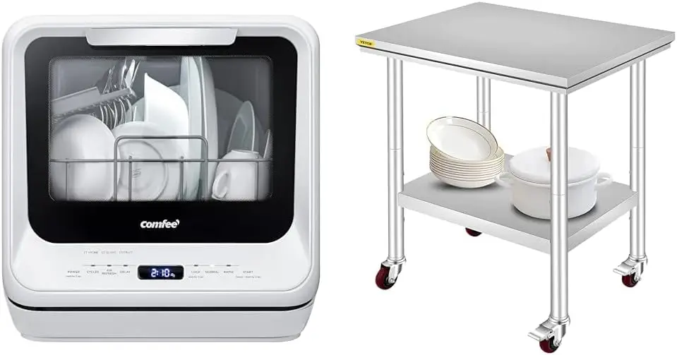 Portable Dishwasher Countertop with 5L Built-in Water Tank & Mophorn Stainless Steel Work Table with Wheels 24 x 30 x 32 Inch