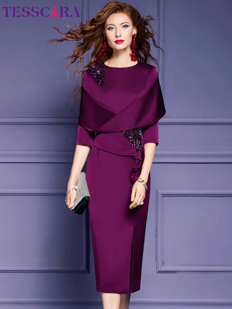 TESSCARA-Women-Luxury-Satin-Pencil-Dress-High-Quality-Elegant-Office ...