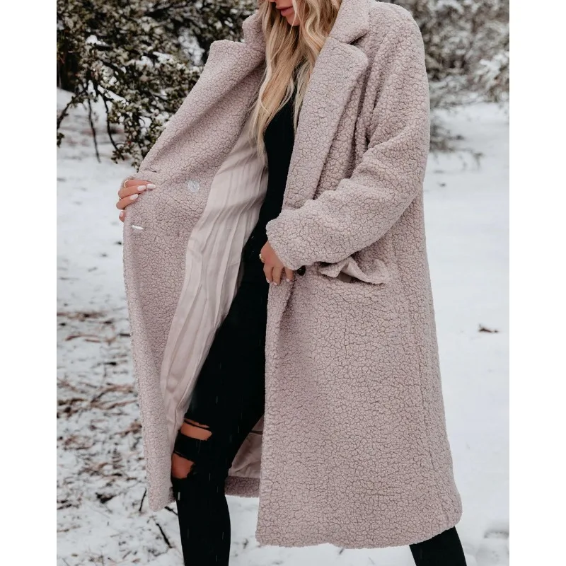 Autumn Winter Long Coat Women Single Button Wool Coat Warm Thick Women Clothing Korean Chic Long Sleeve Lapel Windbreaker Pocket