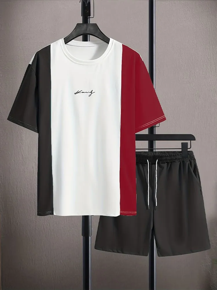 Fashionable summer men's spliced striped letter printed breathable round neck T-shirt shorts set outdoor vacation casual clothin