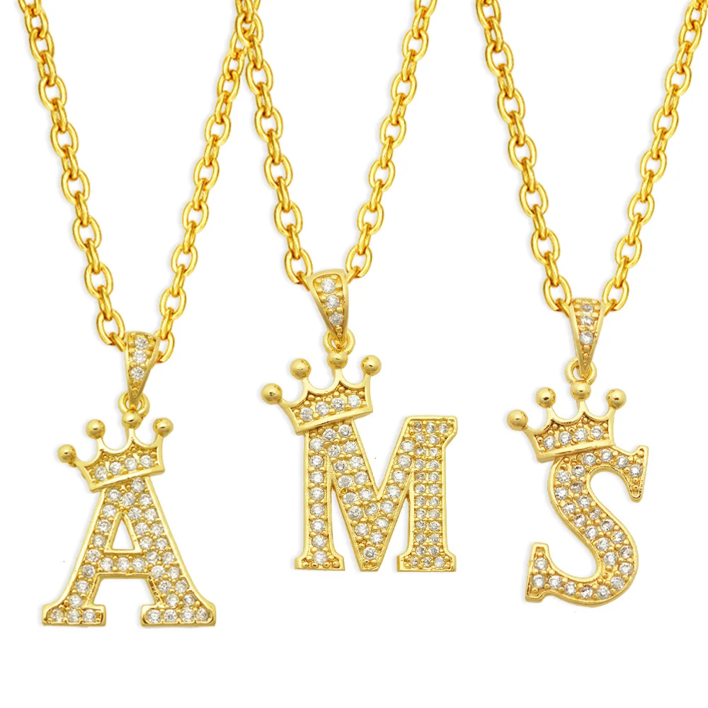 Luxury 14k Gold Plated Cubic Zirconia Initial Name Crown Letter Pendant