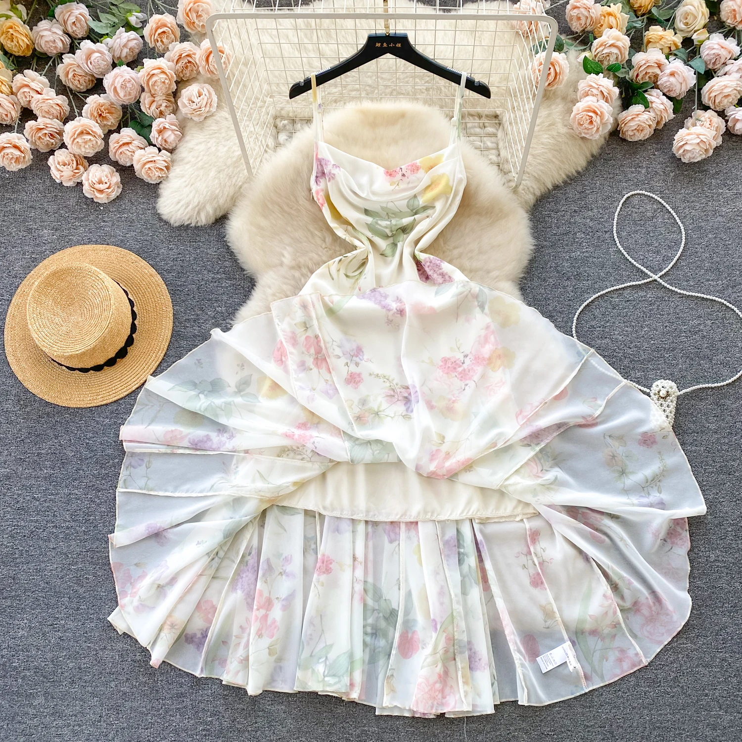 French Elegant Beach Dress New Women Sexy Floral Printed Slim Mid Length Ruffled Party Dresses Ladies Summer Long Robe