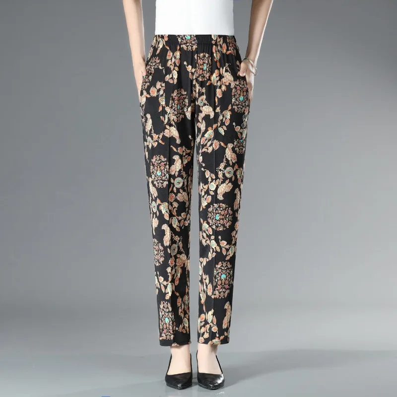 Autumn and Winter Women's High Waist Printing Button Pockets Folds Elastic Fashion Casual Elegant Commuter Straight Leg Pants