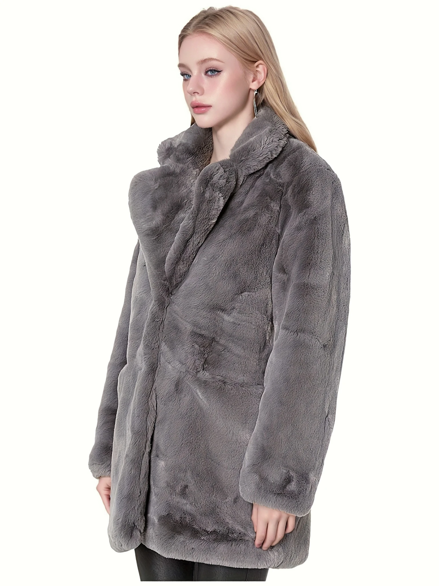 Elegant Directional Faux Rex Rabbit Fur Coat for Women - Mid-Length Solid Color Coat ,Fall Winter Casual Commuter Outerwear