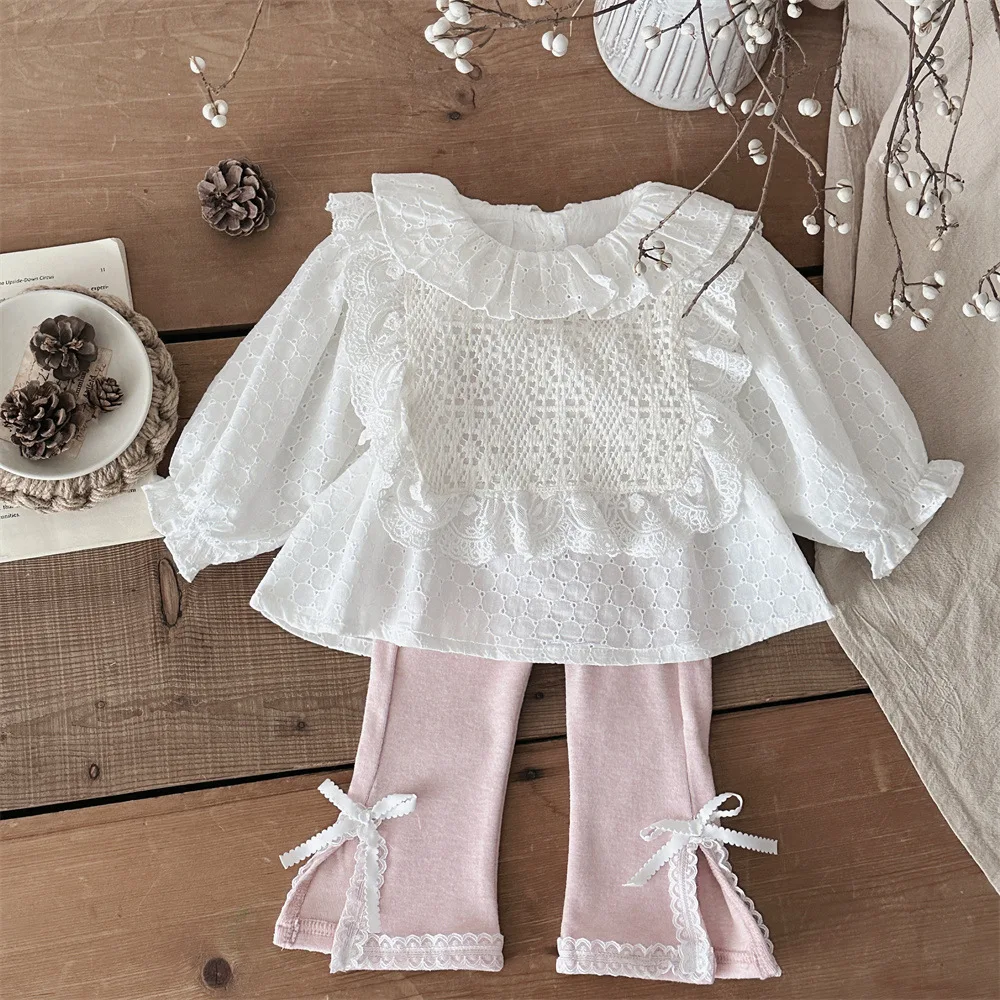 2025 Spring New Baby Clothes Girl 0-3 Years White Shirt Lace Cover Pink Bowknot Leggings 3pcs Suit Girls Cotton Clothing Set 2