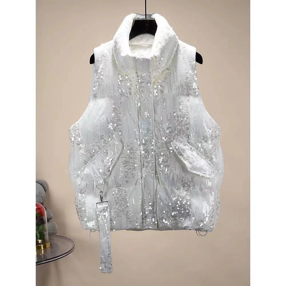 2023 Fashion Sequins Cotton Down Women Vest Coat Thicken Winter Sleeveless Jacket Female Windproof Warm Waistcoat For Women