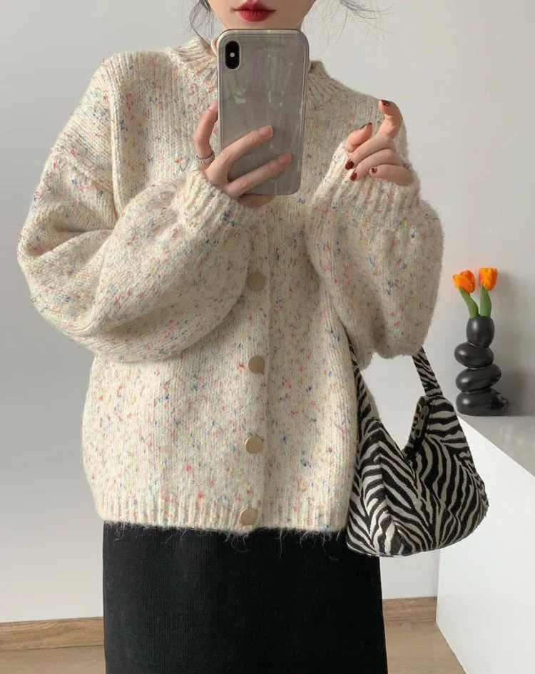 

2023 Women's Clothing Korean colorful dot knitted cardigan for women new autumn loose sweater jacket