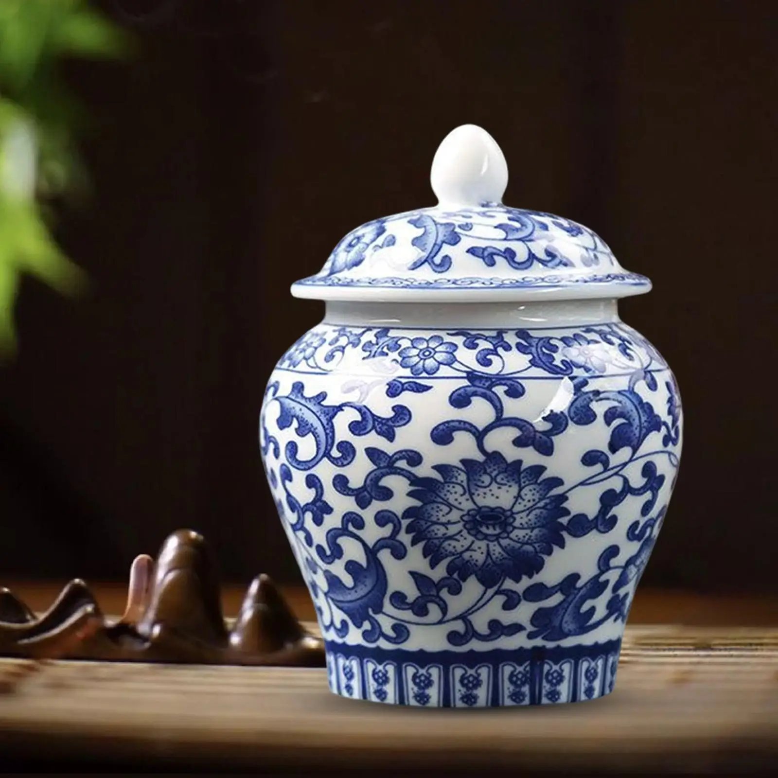 Blue & White Porcelain Temple Jar with Lid 4