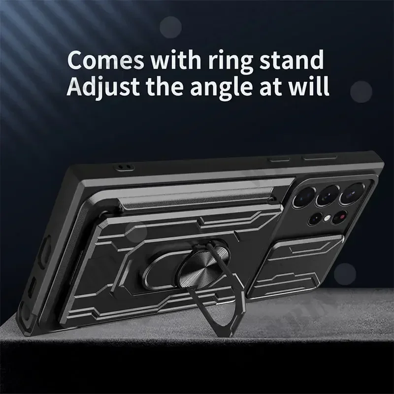 삼성 S25 울트라 플러스 S24 S23 S22 울트라 플러스 A55 A35 A15 A16 슬라이드 스탠드 링 카메라 군용 등급 카드 슬롯 커버