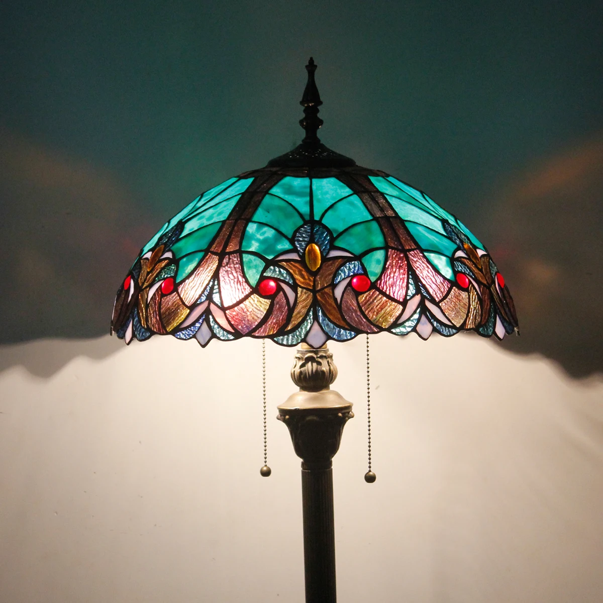 

WERFACTORY Tiffany Floor Lamp Green Brown Liaison Stained Glass Standing Reading Light 16X16X64 Inches Antique Pole Corner Lamp