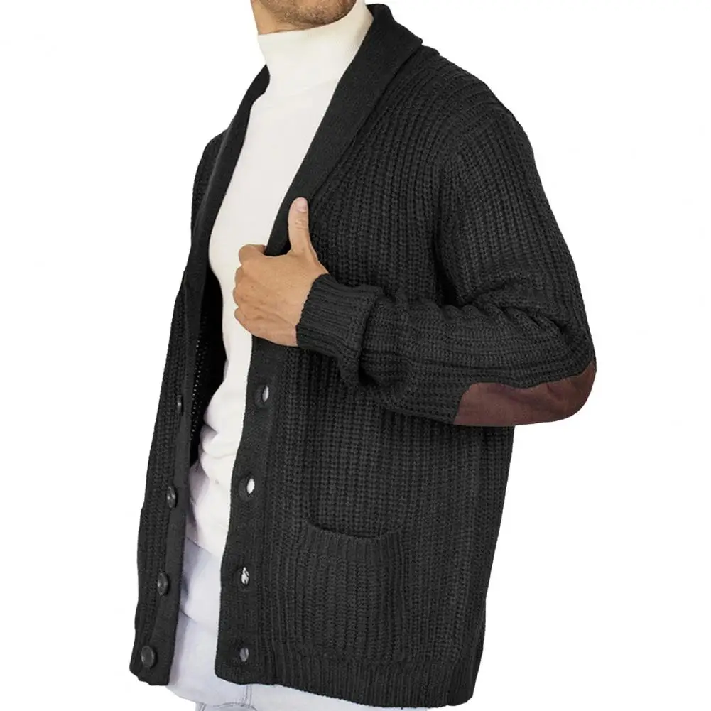 Single-breasted Cardigan Thick Warm Knitted Cardigan Coat with Faux Suede Patchwork Elastic Pockets for Men