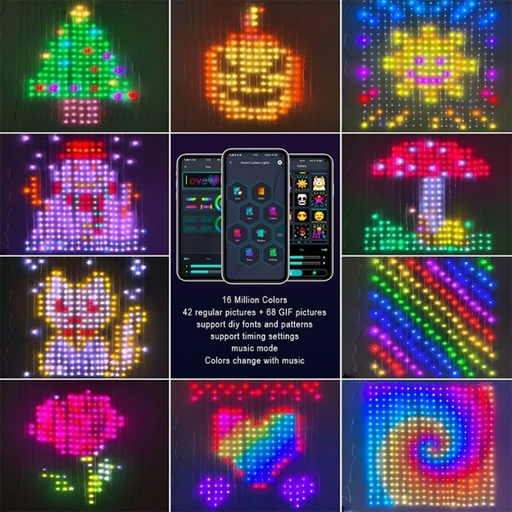 Landscape Lighting Smart Led Curtain Light Bluetooth App Music Sync DIY Picture Display Text String RGB Colorful Lit Decorat