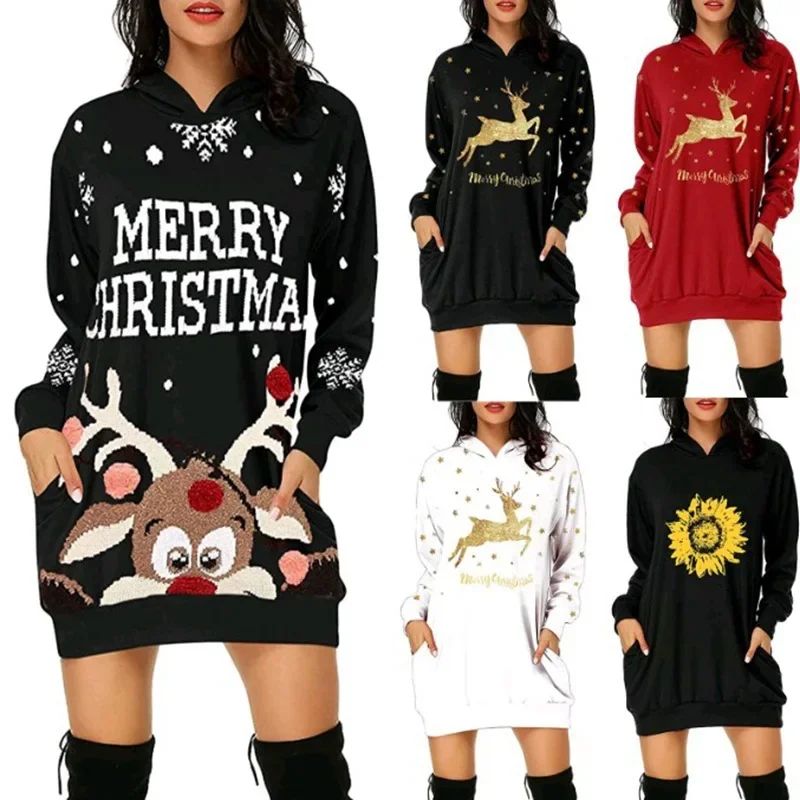 

Thin Casual Color Slim Autumn Winter Fashion With Christmas Print Midi Pocket Hooded Long-sleeved Sweatshirt Female Letter