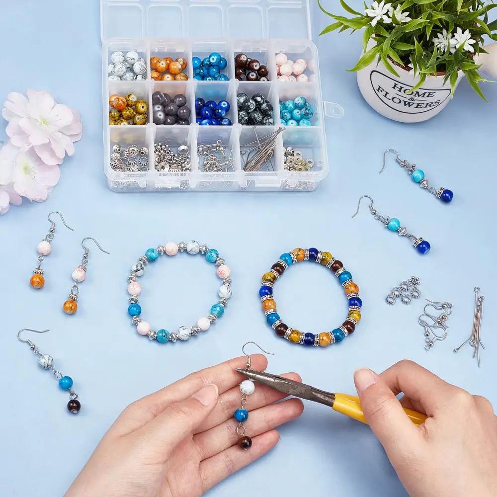 1Box Baking Painted Glass Beads with Metal Findings Tool for DIY Beading Bracelet Earring Necklace Jewelry Making Craft Supplies