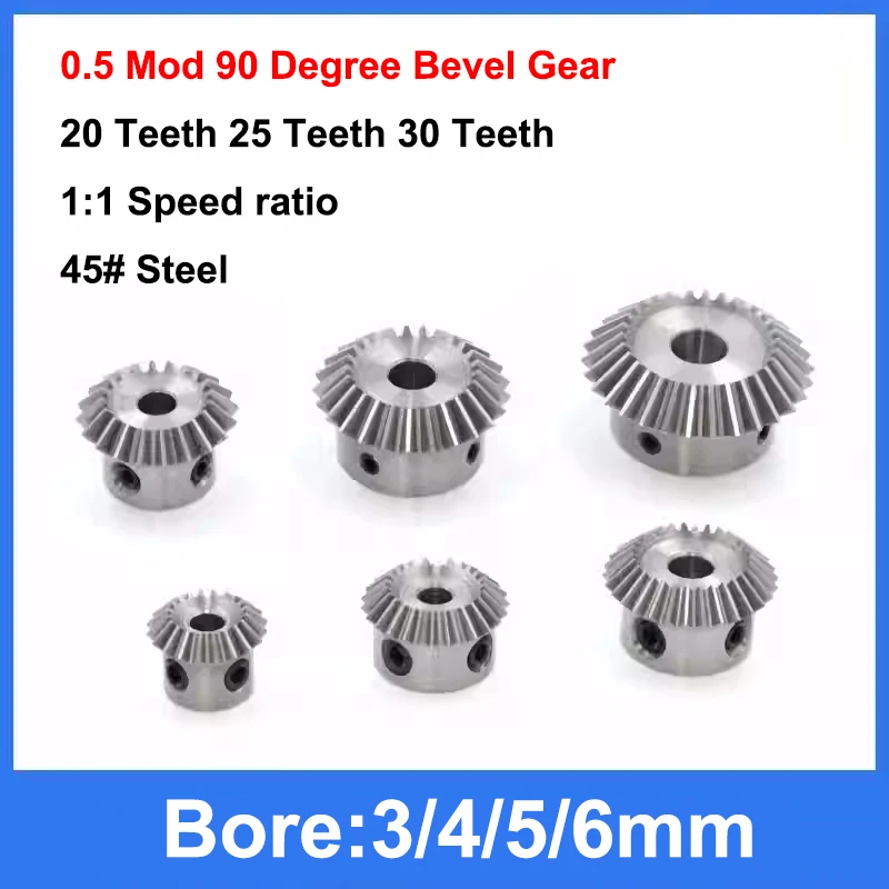 1pc 1:1 Bevel Gear 0.5 Mod 20/25/30 Teeth Bore 3/4/5/6mm Gear 90 Degrees Meshing Angle Steel Gears 45# Steel transmission gear