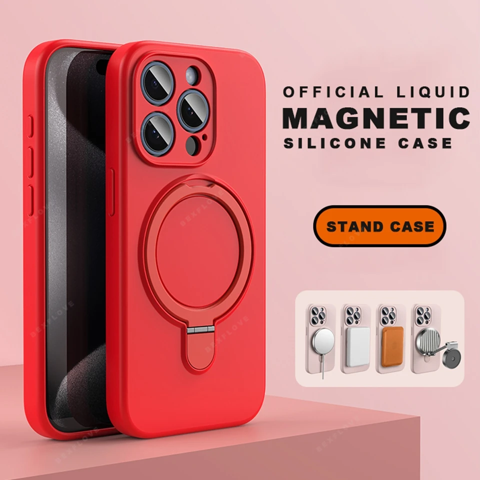Magnetic Liquid Silicone Phone Case with Magsafe Ring and Stand - Shockproof Protector Cover