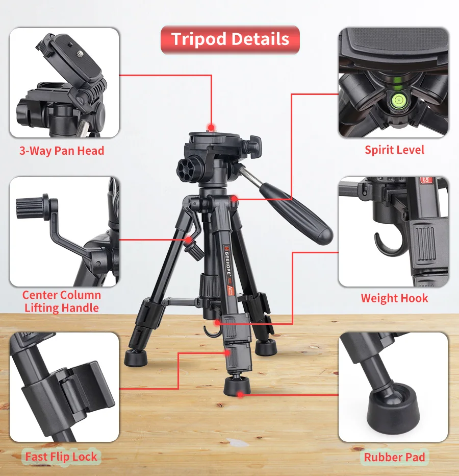 GS3 Mini Lightweight Desktop Tripod with 3-Way Flexible Pan Head and Bubble Leve