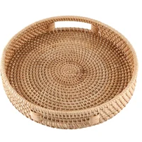 Round Rattan Serving Tray Decorative Woven Ottoman Trays With Handles For Coffee Table Natural 1