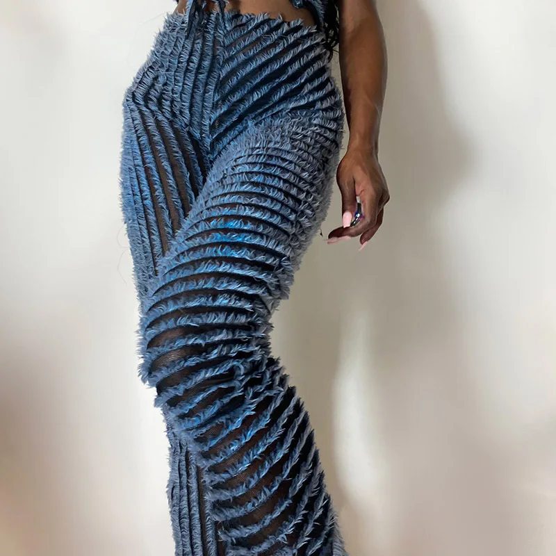 

Sexy Striped See Through Slightly Flare Pants Y2k 2023 Autumn Fashion High Waist Fur Textured Trousers Leggings Party Streetwear