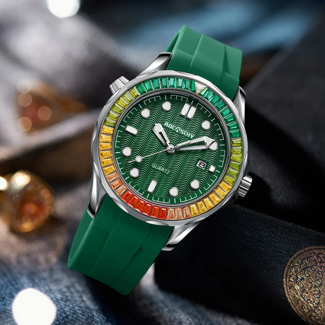 2023 New Luxury Men Watches Fashion Green Diamond Bezel Quartz Watch Business Automatic Date Dive Clock Relogio Masculino