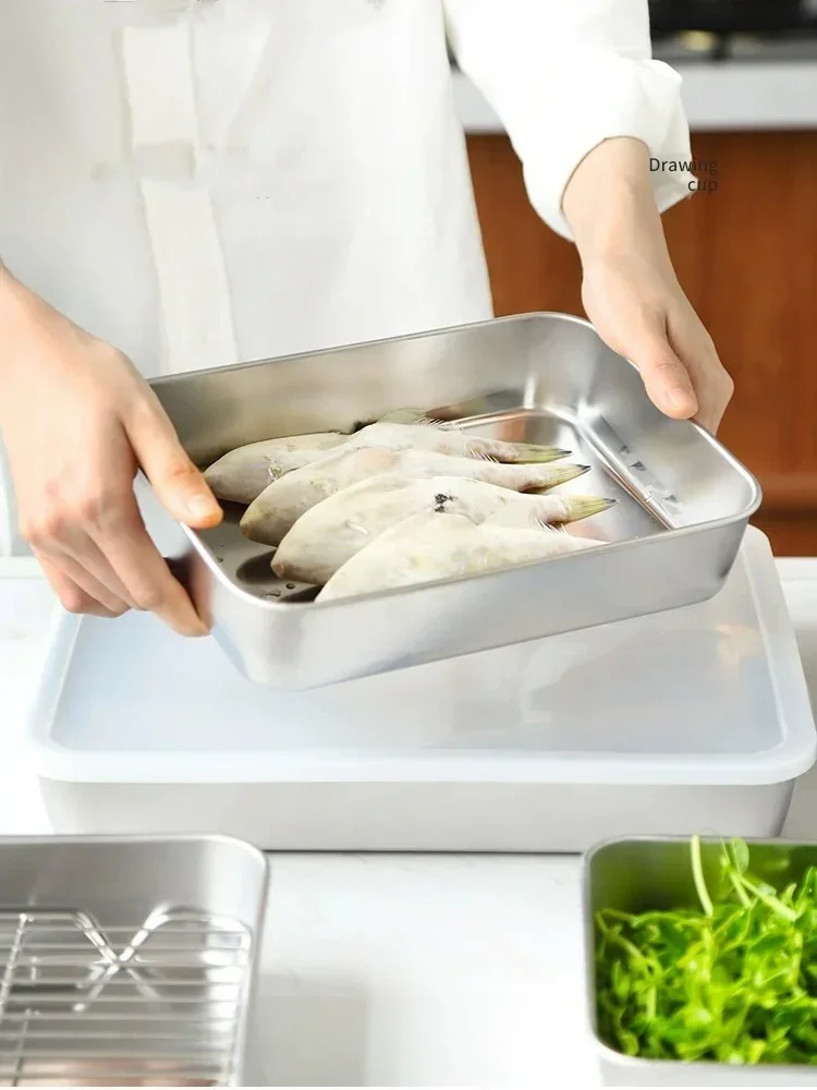 Description Picture 3 of itemStainless Steel Square Plate With Lid Rectangular Food Storage Pan Commercial Dish Tray Large Freshing Lunch Box Container