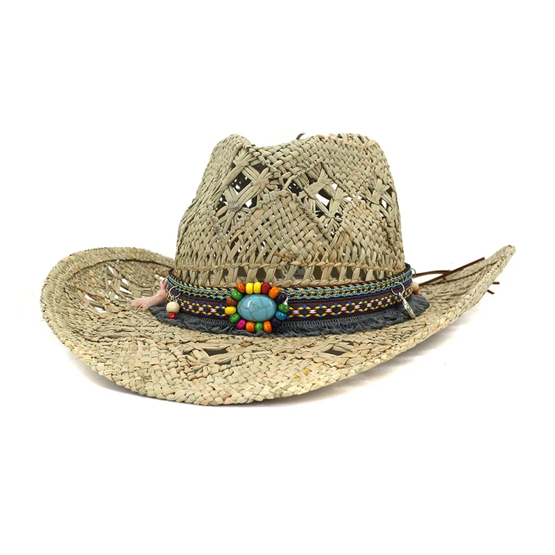 

100% Natural Straw Cowboy Hat For Women Men Handmade Weave Sun Hats Lady Tassel Summer Western Sombrero Hombre Lifeguard Hats