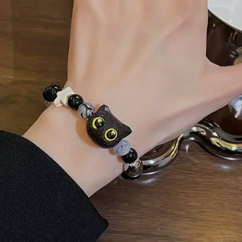 Cute Natural Stone Black Cat Bracelet for Women Men Fashion Cartoon Animal Beaded Bracelets Handmade Fashion Girl Jewelry Gifts bracelet jewelry