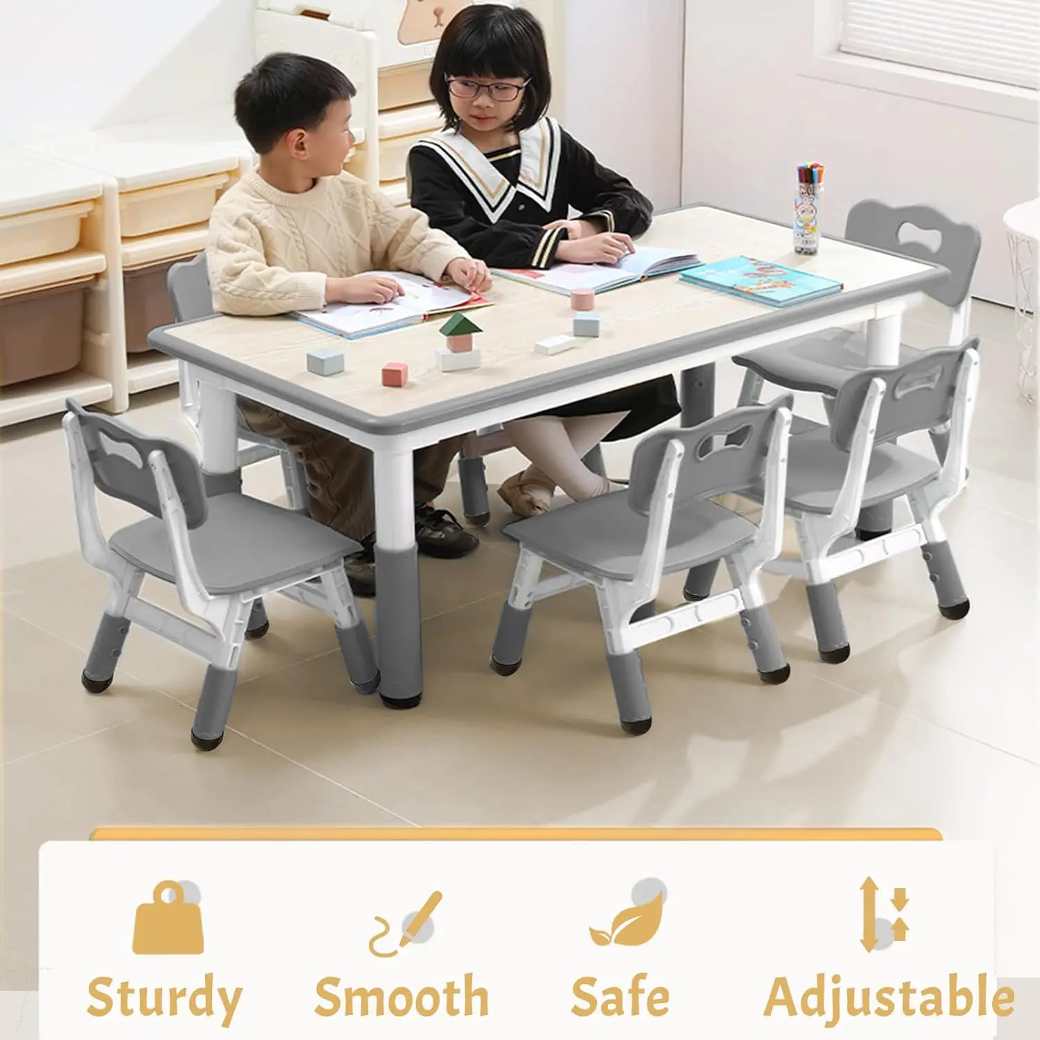 Kids Table and Chairs Set,Toddler Height Adjustable Desk with Graffiti Desktop,Arts & Crafts Table with 6 Seats, Non-Slip Legs 6