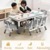 Kids Table and Chairs Set,Toddler Height Adjustable Desk with Graffiti Desktop,Arts & Crafts Table with 6 Seats, Non-Slip Legs 6