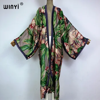 WINYI kimono boho print boho kaftans beach wear cover-ups Elegant Cardigan sexy Holiday maxi beach outfits for women vestidos 1