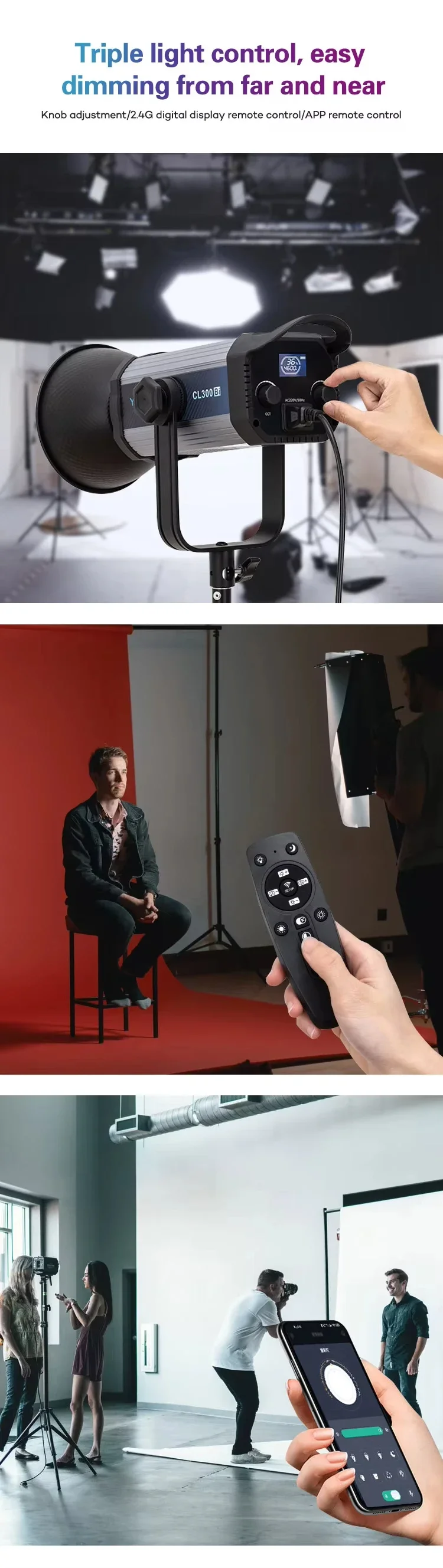 YJBEI CL300Bi 300W Highlight LED Bowens Mount Photography Light for Live Streami