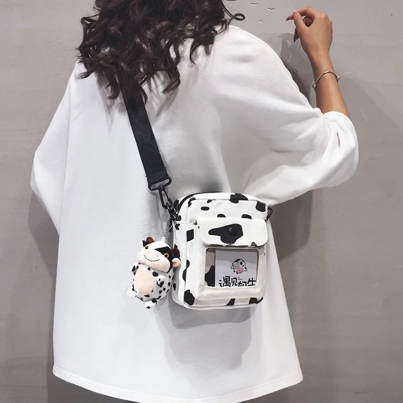 

2024 Kawaii Cute Cow Canvas Female Student Small Messenger Korean Fashion Phone Bag Purses Mini Shoulder Crossbody for Women