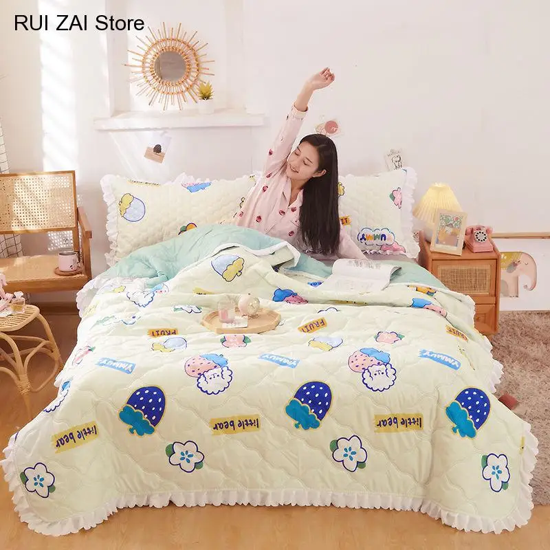 New Summer Quilted Quilt with Lotus Leaf Lace Korean Princess Style Air Conditioning Blanket Adults Kids Cool Thin Quilt