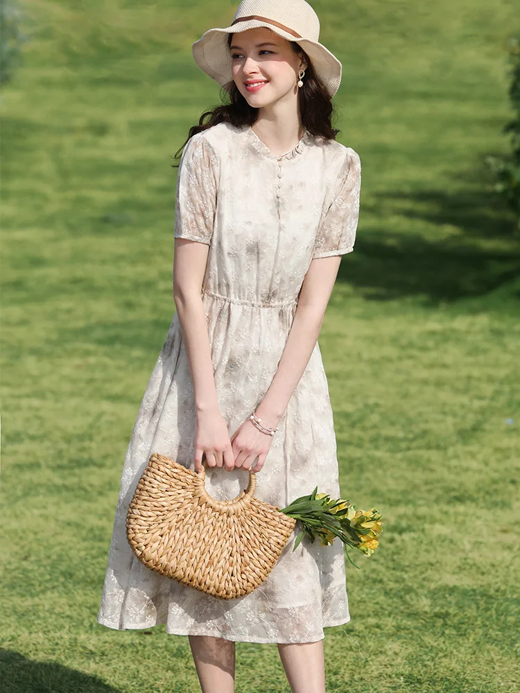 I BELIEVE YOU 잉크 중국 스타일 여성용 반팔 원피스, 2024 여름 꽃무늬 심플 패션 롱 드레스, 2242095673 신상 