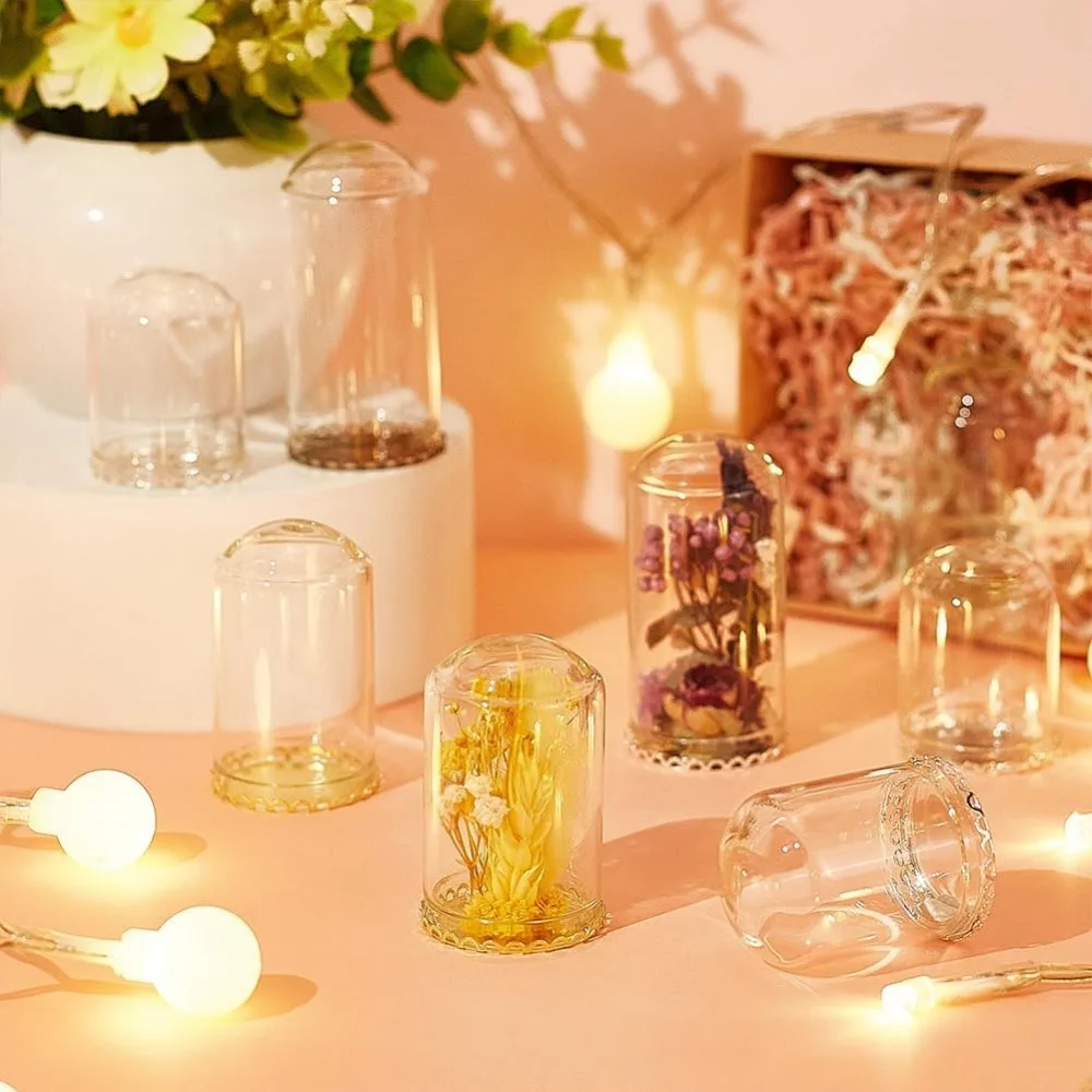 12Sets Mini Clear Glass Cloche Dome 1.5/2/2.3Inch Glass Display Cloche Dome with 3 Colors Metal Base Bell Jar for Candles