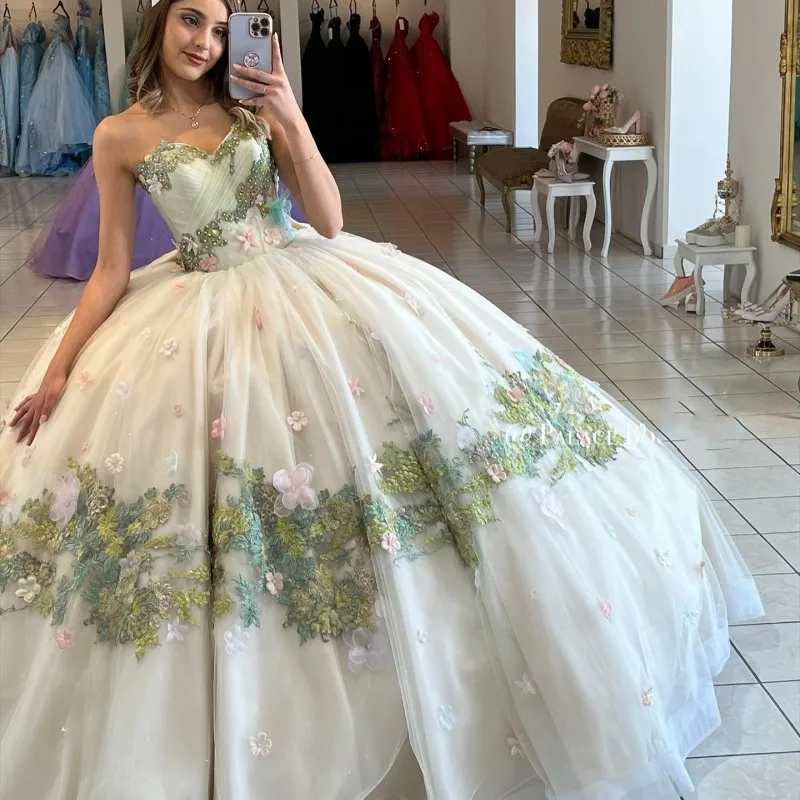 

Sexy Sweetheart Neck Ball Gown Quinceanera Dresses Beaded 3DFlower Prom Gowns Appliqued Sweep Train Tulle Sweet 15 Dre