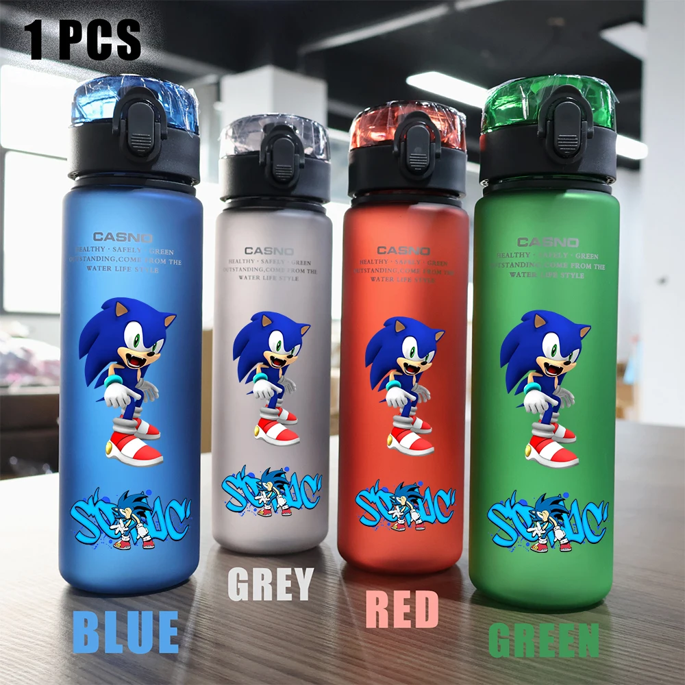 thumbnail image 1 of Vaso de agua portátil para deportes de viaje, para acampar al aire libre, resistente a fugas, de plástico, de Sonic the Hedgehog, rojo, verde, azul y negro, 560 ml, 1 of 5