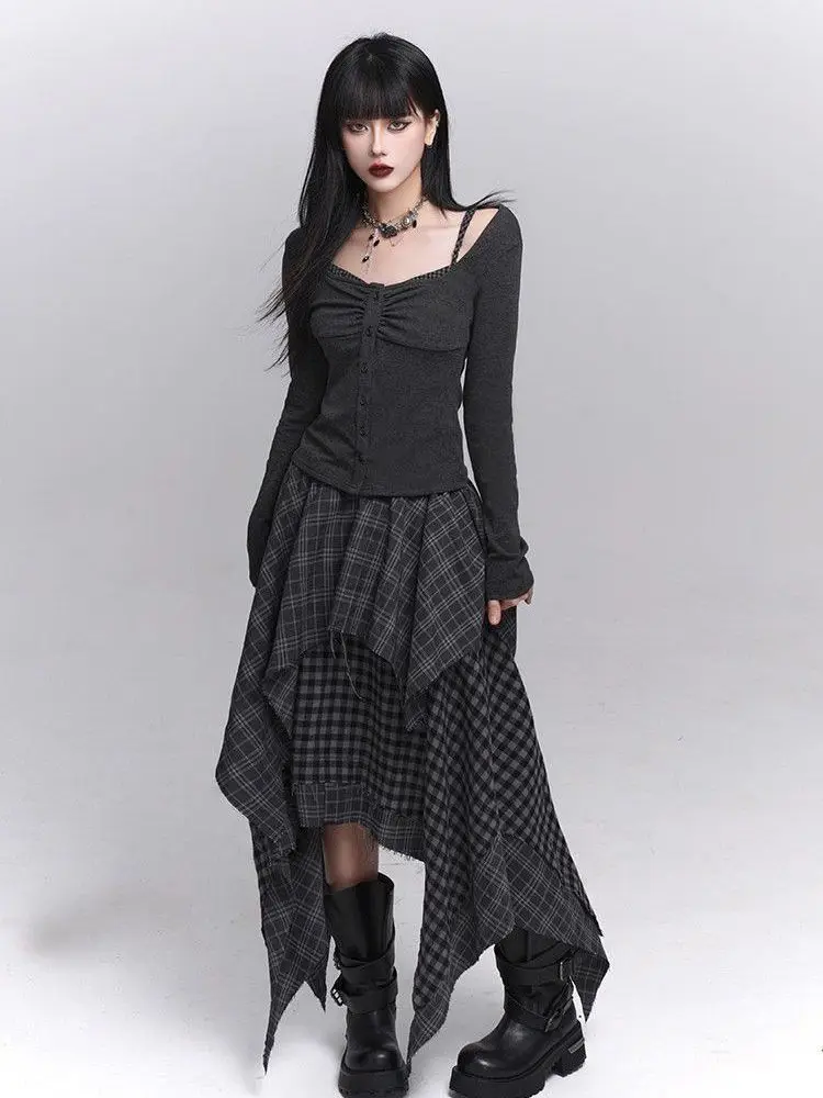 Y2k Harajuku Vintage Skirts High Waist Plaid Patchwork Irregular Spicy Girl Long Skirt Streetwear Design 2025 Women's Clothing 5