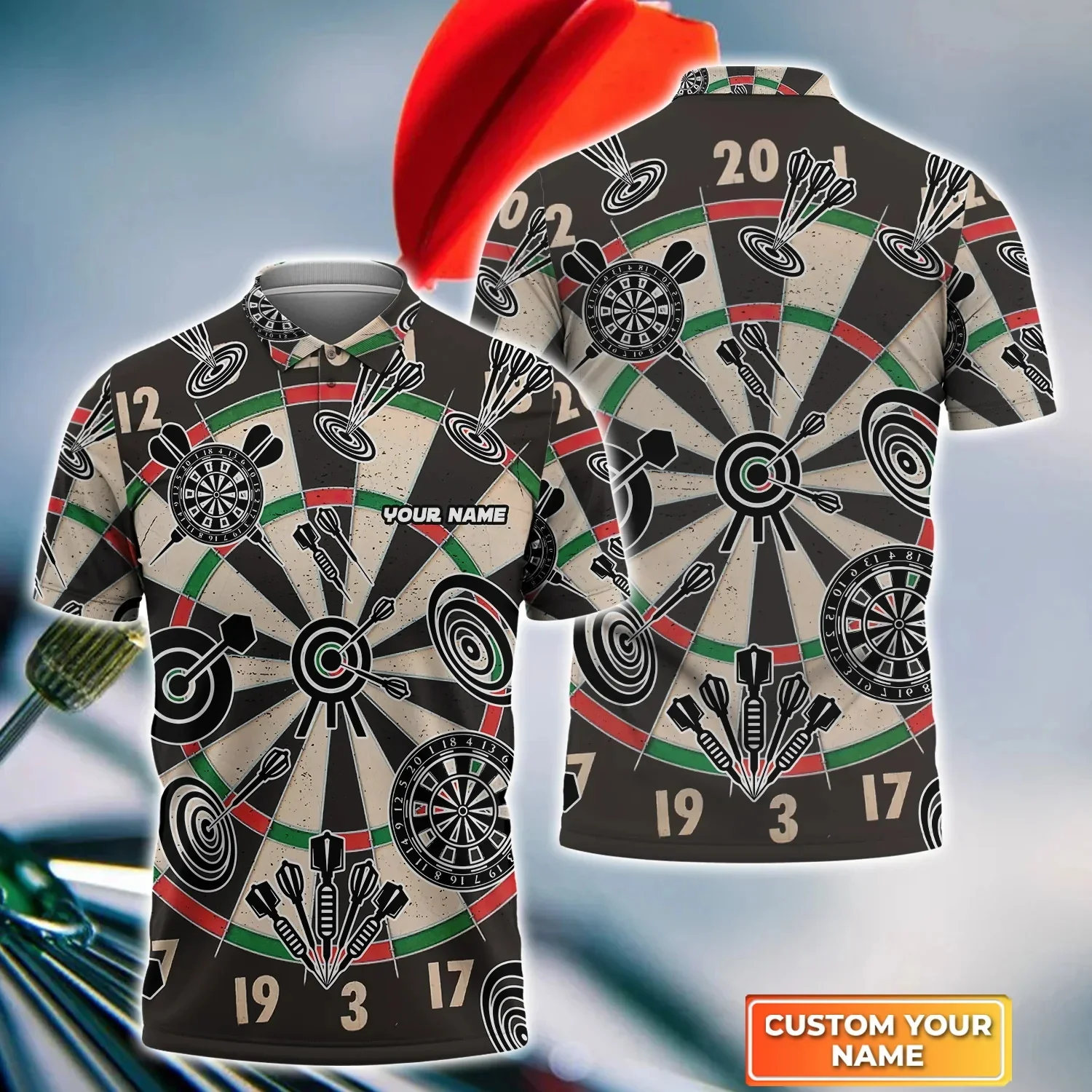 Dartscheibe Totenkopf personalisierter Name 3D-gedrucktes Sommer-Poloshirt Unisex Casual Kurzarmhemden Geschenk für Dartspieler POL-48 – Detail 15