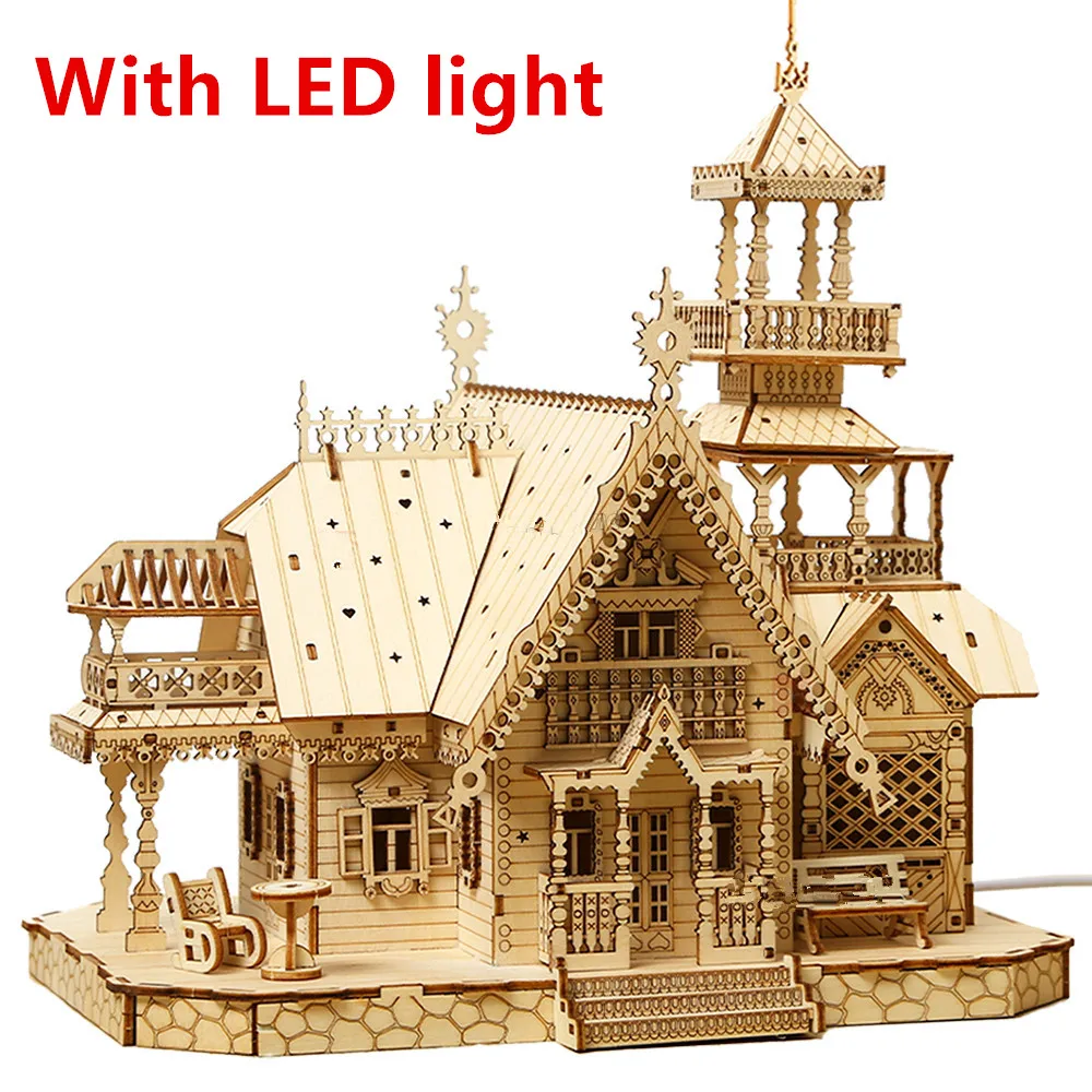 3d Wooden Puzzle House Models Villa House Royal Castle with Light DIY Assembly Toy for Kids Adults Model Kits Desk Gift electric airplane model with universal wheel design flashing light assembly aircraft toy for kids boys children birthday gift