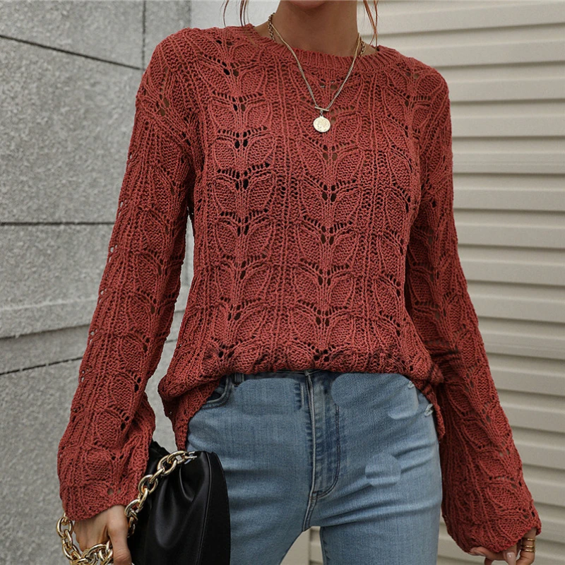 

Hollowed Out Long Sleeved Sweater Women Thin Loose Lazy Air Conditioning Shirt Top Hook Flower Pullover Round Neck Loose Sweater