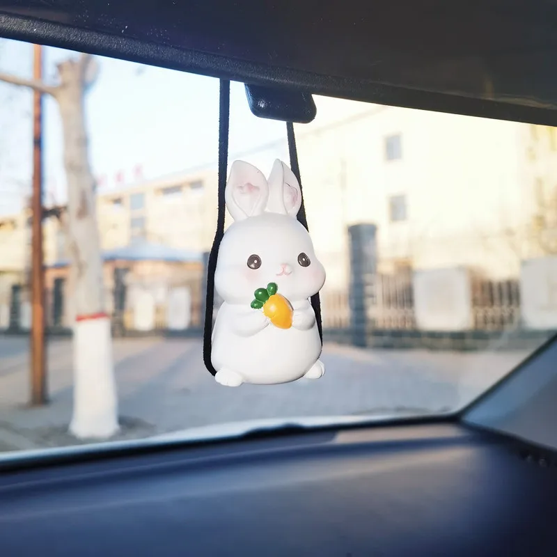 Car Ornaments Hanging Swing Rabbit Figurine Cartoon Cute Creative Rearview  Mirror Decoration for Auto Funny Accessories Gifts