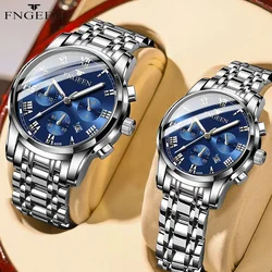 Elegant BINBOND Couple's Stainless Steel Waterproof Quartz Watches - Perfect Valentine Gift (Couple Silver Blue)