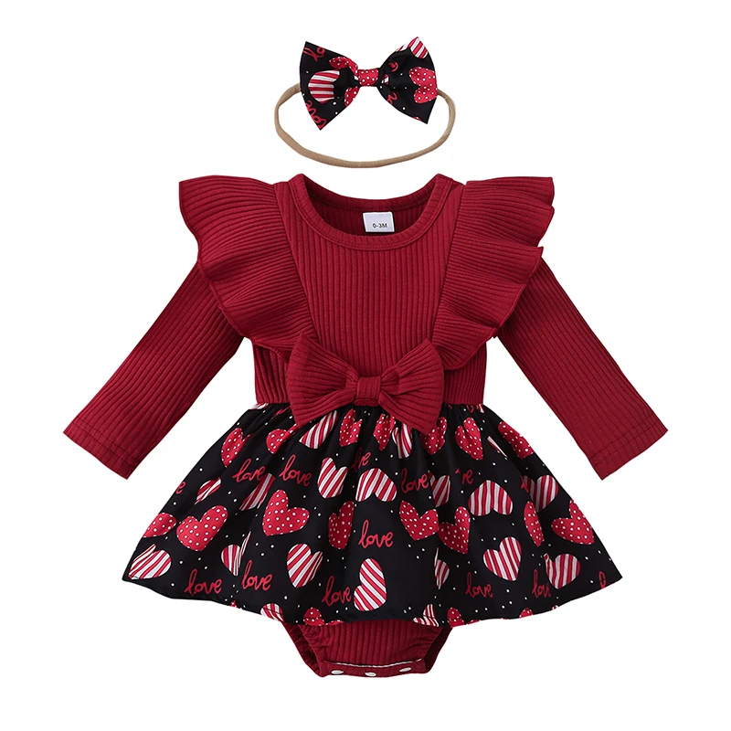 

0-18M Newborn Baby Girls Valentine's Day Outfits Heart Print Ribbed Long Sleeve Romper Dress + Cute Headband Set Toddler Infant