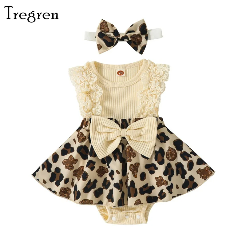 

Tregren 0-18Months Infant Baby Girl Short Jumpsuit Casual Sleeveless Leopard Print Romper Dress with Headband Set Summer Outfits