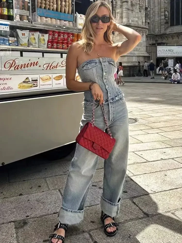 

HH TRAF Tube Top Denim Jumpsuits For Women Fashion Patchwork Jumpsuit Wide Leg Pants Female High Street Chic Women's Playsuits